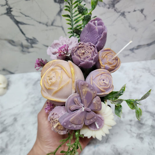 Purple Flower Candles Arrangement | Premium Soy Wax | Handcrafted Floral Candle Centerpiece | Wedding | Home Decor - D SCENT