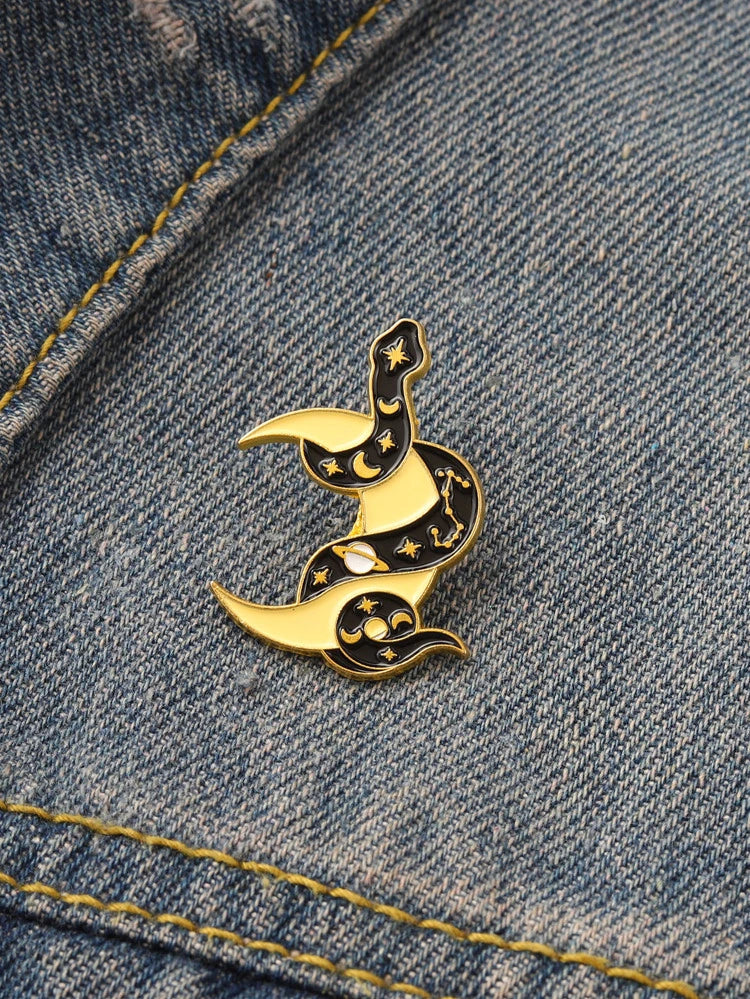 Black Space Snake with Moon Enamel Pin