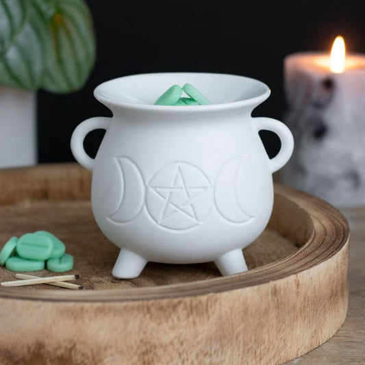 White Cauldron Pentagram Triple Moon Wax Warmer / Oil Burner