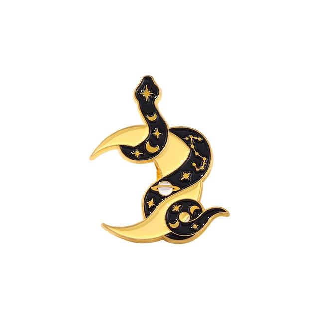 Black Space Snake with Moon Enamel Pin