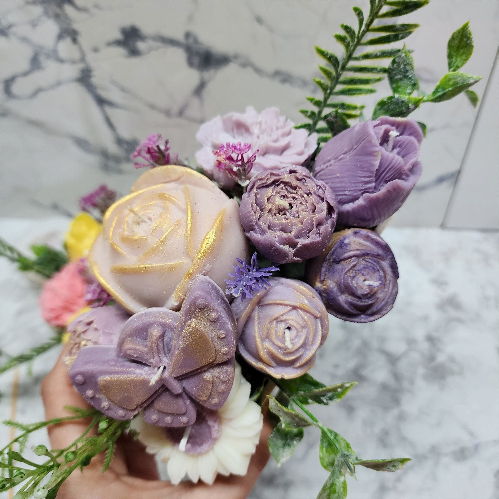 Purple Flower Candles Arrangement | Premium Soy Wax | Handcrafted Floral Candle Centerpiece | Wedding | Home Decor - D SCENT 