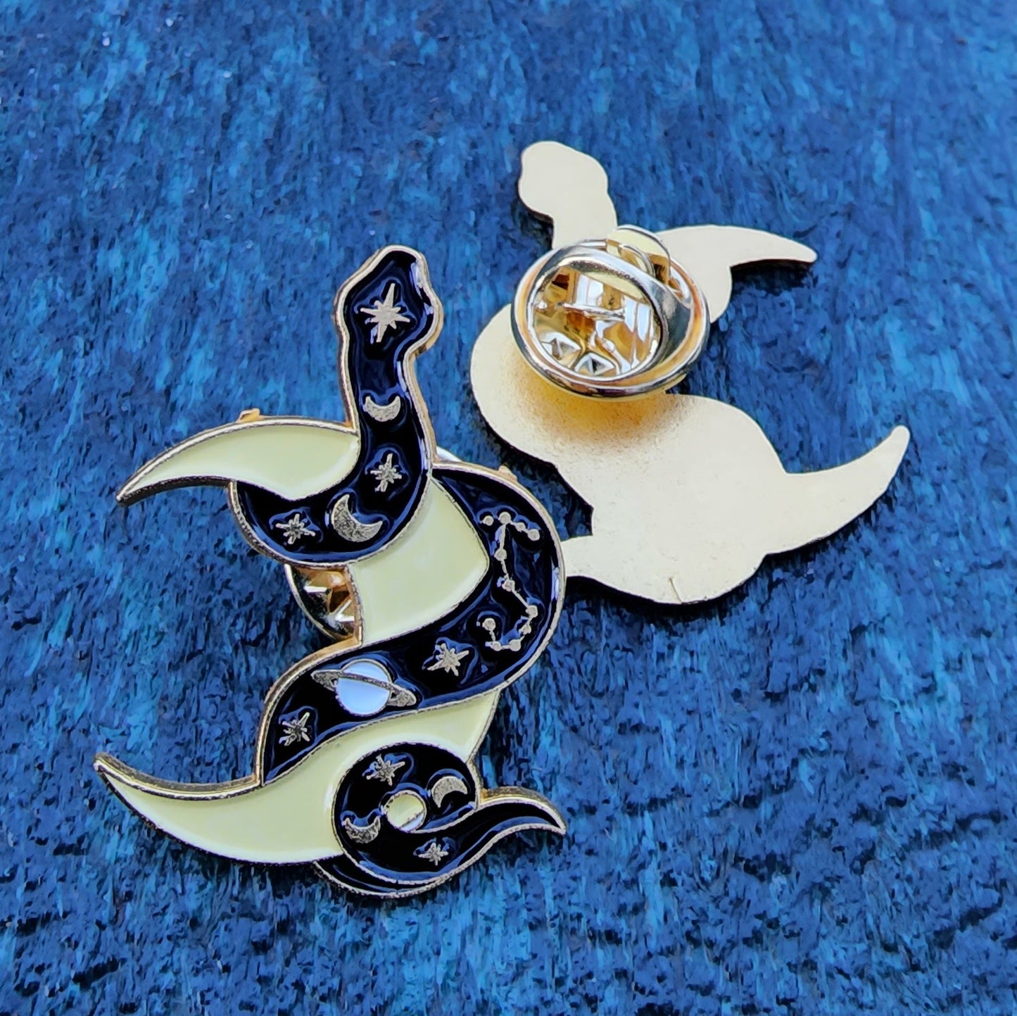 Black Space Snake with Moon Enamel Pin