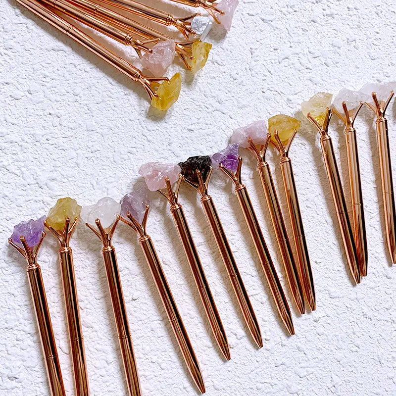 Rose Quartz Natural Crystal Raw Stone | Rose Gold Pen