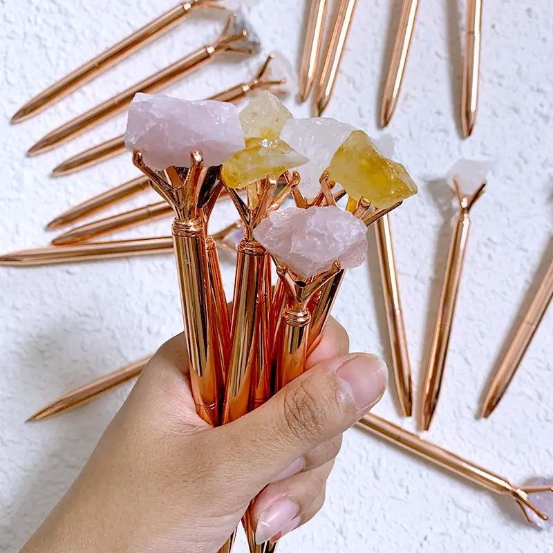 Natural Crystal Raw Stone | Rose Gold Pen