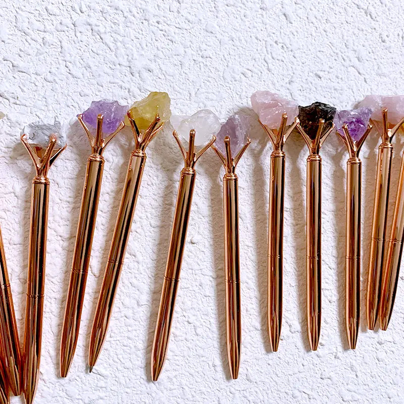 Rose Quartz Natural Crystal Raw Stone | Rose Gold Pen