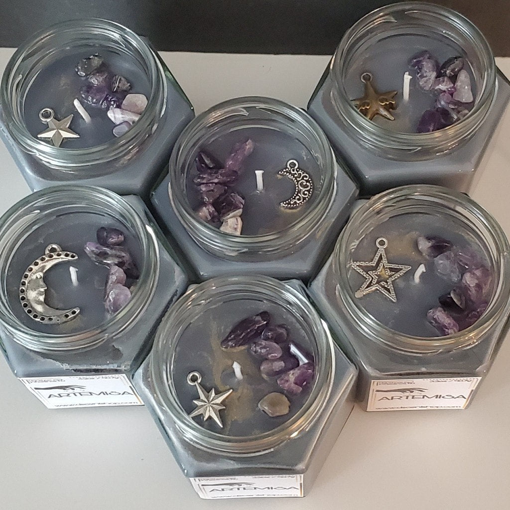 ARTEMISA (Witches Brew) Soy Candle with Amethyst Stones and Charm | Small Hex Jar